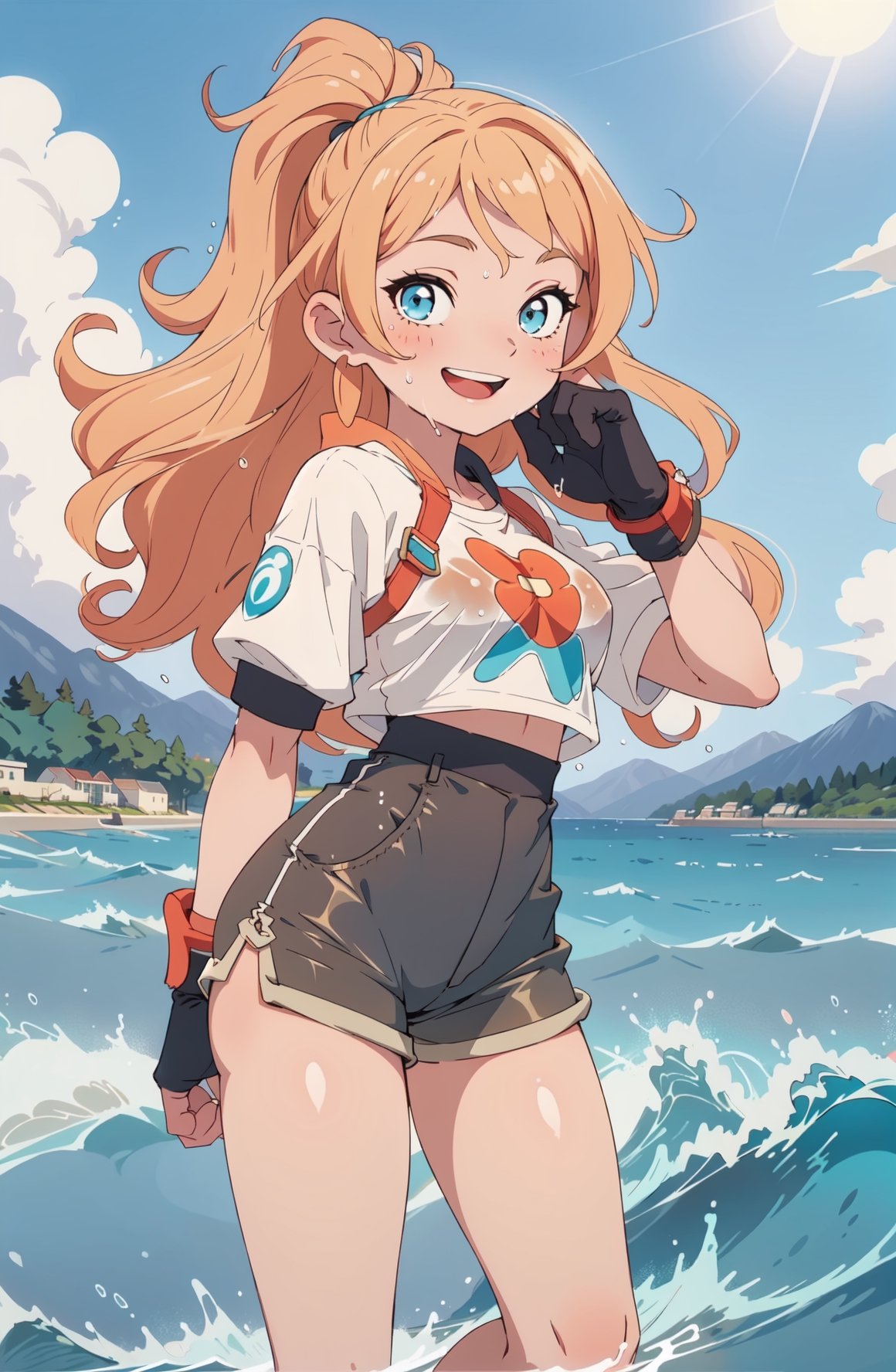 (masterpiece, best quality), 1girl, upper body, smile, laughing, happy, ocean, shorts, blonde,  looking at viewer, long hair, cloud, splashing, waves, sun, mountain, wet