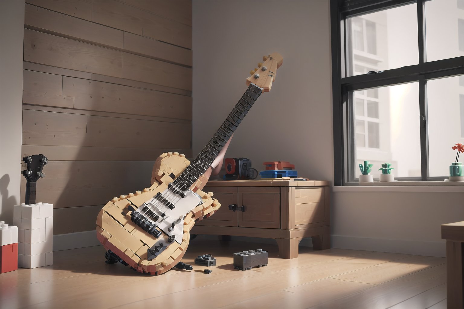 indoor, a wooden table, a lego guitar