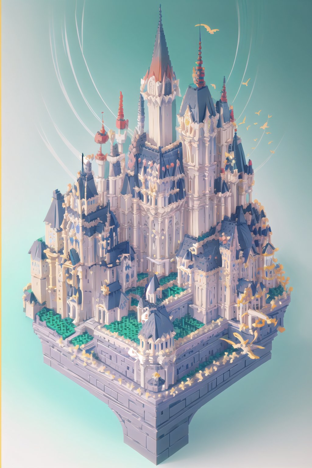 Paint a vivid picture of a four-story Asian-style castle with a tranquil garden, colorful flowers, and singing birds, highly detailed, intrincated, 16k, hyper defined, stilized. ,lego