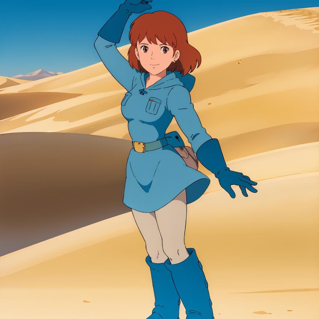 <lora:Nausicaa001:0.7>,Nausicaa,1girl,blue jacket,hood,hood down,belt,blue skirt,blue gloves,white_pantyhose,boots,full body,looking at viewer,smile,desert,