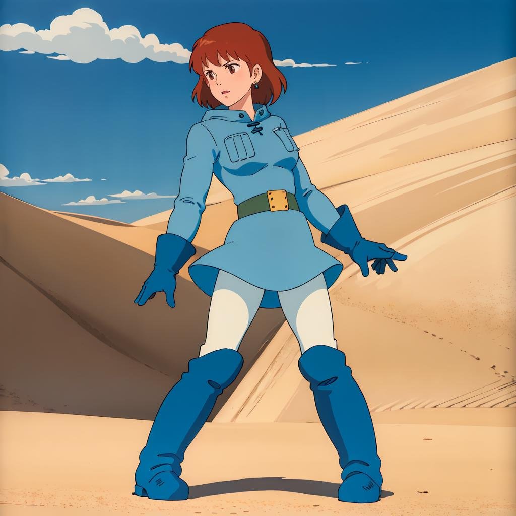 <lora:Nausicaa001:0.7>,Nausicaa,1girl,blue jacket,hood,hood down,belt,blue skirt,blue gloves,white_pantyhose,boots,full body,desert,