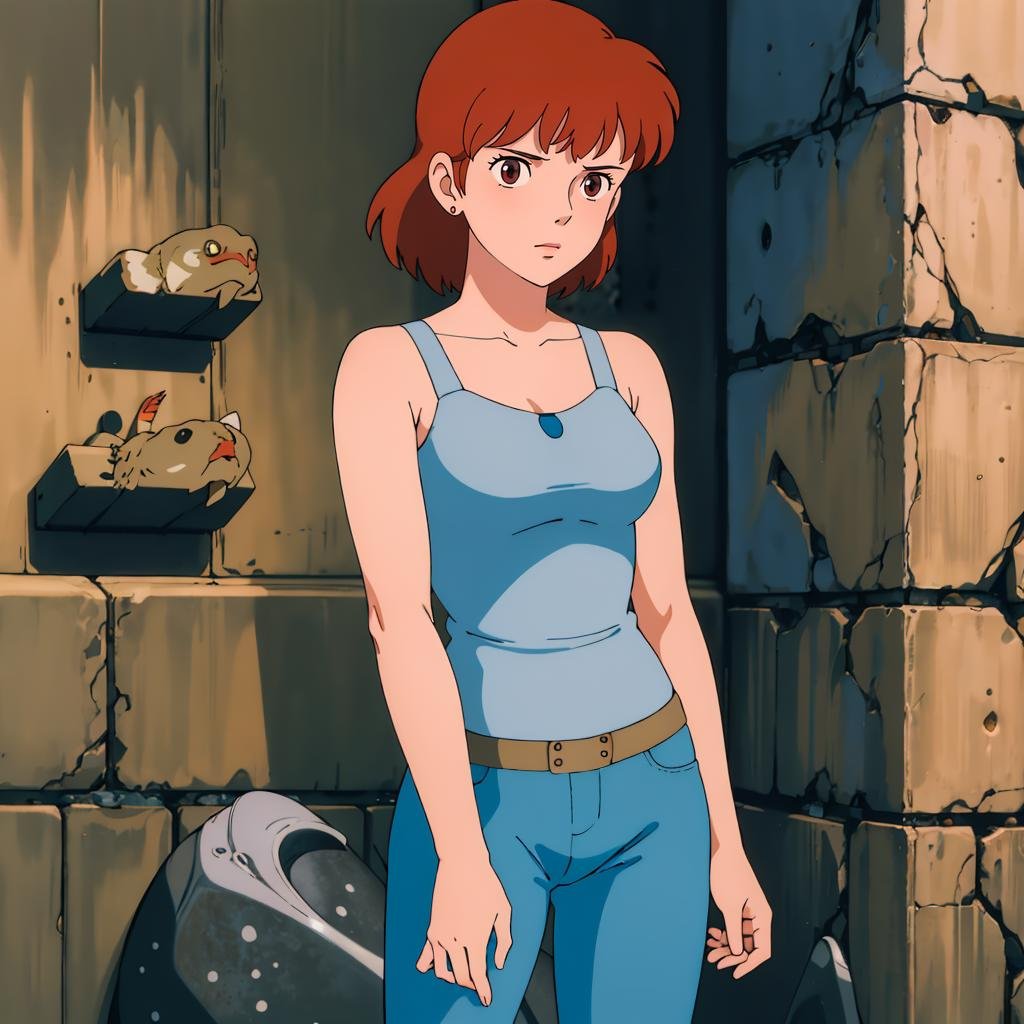 <lora:Nausicaa001:0.7>,Nausicaa,1girl,tank_top,pants,stone walls,