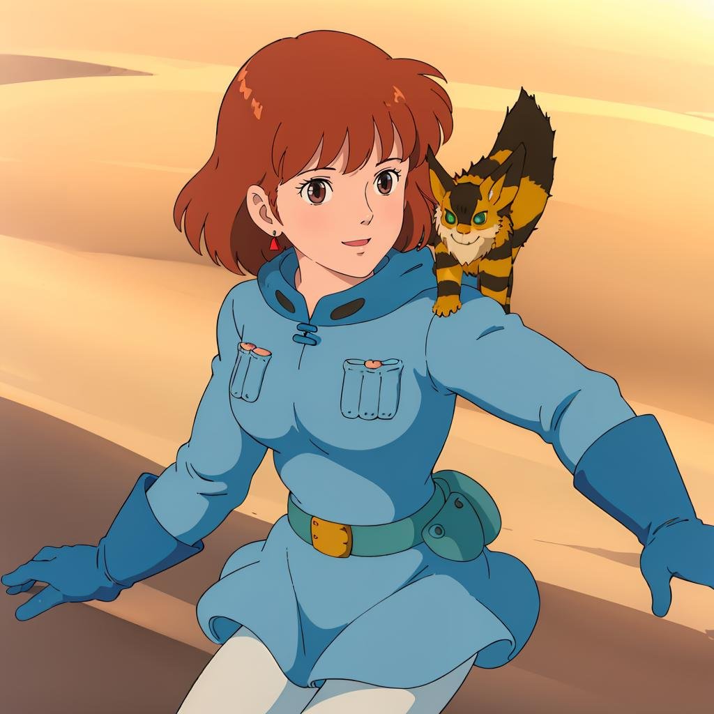 <lora:Nausicaa001:0.7>,Nausicaa,1girl,animal on shoulder,blue jacket,hood,hood down,belt,blue skirt,blue gloves,white_pantyhose,looking at viewer,smile,desert,