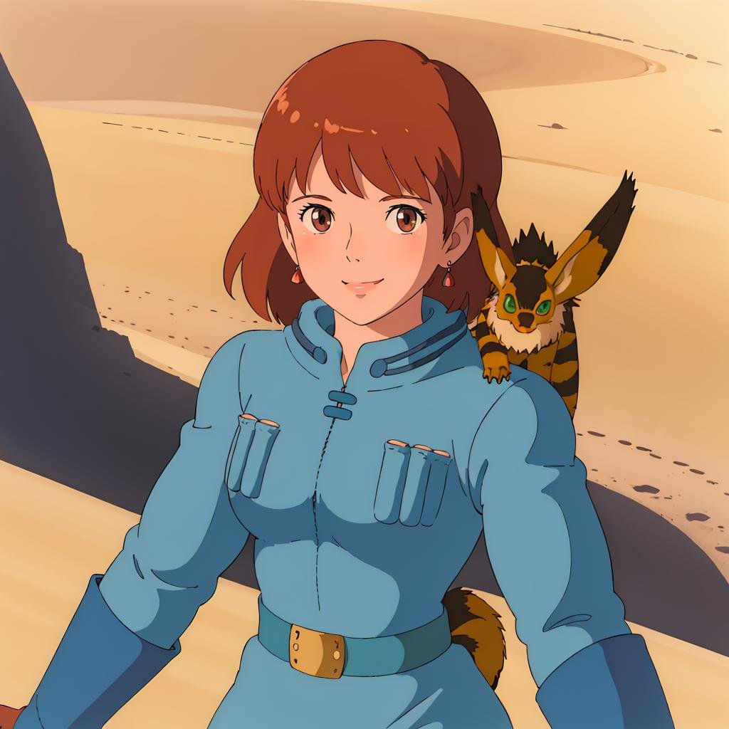 <lora:Nausicaa001:0.7>,Nausicaa,1girl,animal on shoulder,blue jacket,hood,hood down,belt,blue gloves,looking at viewer,smile,desert,