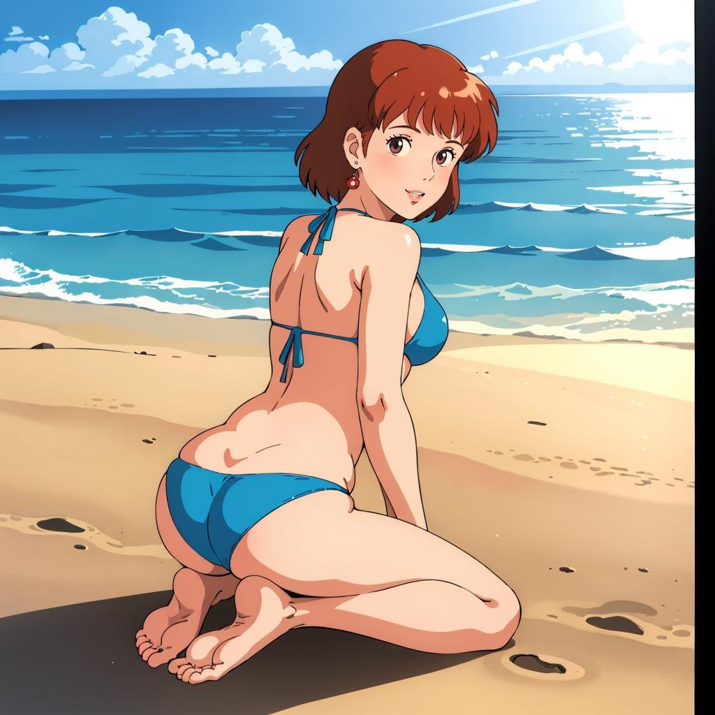 <lora:Nausicaa001:0.7>,Nausicaa,1girl,looking at viewer,smile,parted lips,bikini,ocean,beach,natural light,full body,looking back,kneeling,