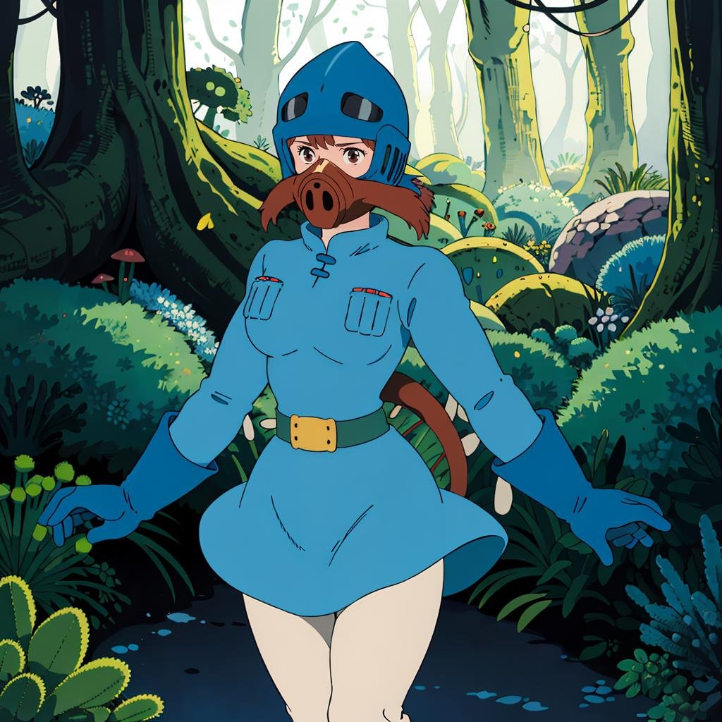 <lora:Nausicaa001:0.7>,Nausicaa,1girl,blue jacket,helmet,mask,belt,blue skirt,white_pantyhose,boots,blue gloves,plant,hypha,spore,fungal forest,