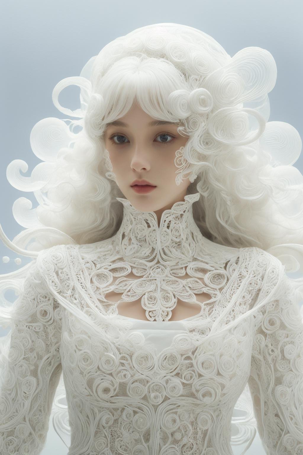 (intricate details, masterpiece, best quality:1.4),1girl,wearing firigree white_dress,firigree half lace mask,bangs,abstract structure,lace headwear,polished PE texture,pvc material,3D cutting,3D printing technology,DOF,transparent fiber,solo,long curly white hair,lips,(surrealistic snowflakes in background),<lora:filigreePE-000006:0.7>,<lora:yinianshenmo:0.7>,