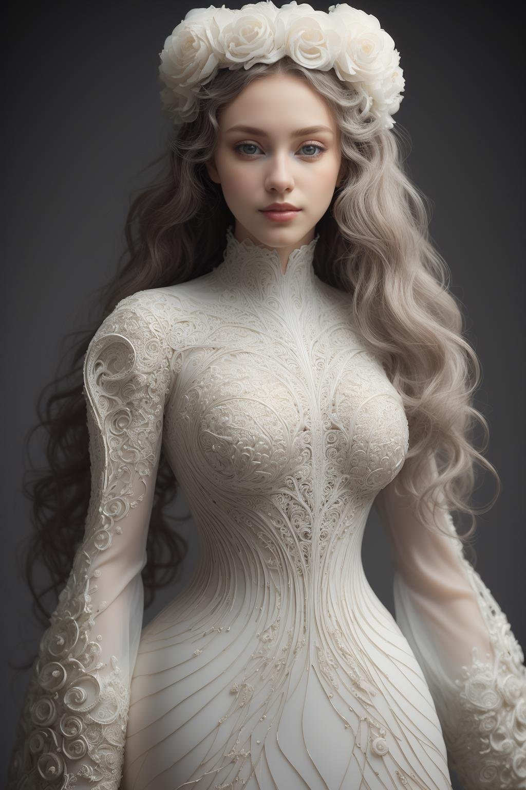 (jaunty but beautiful:1.4),(intricate details, masterpiece, best quality:1.4),1girl,wearing firigree white_dress,abstract structure,polished PE texture,pvc material,3D cutting,3D printing technology,DOF,transprent fiber,solo,black background,gray eyes,long curly white hair,lips,simple background,makeup,<lora:filigreePE-000006:0.6>,<lora:depth_of_field_slider_v1:1>,<lora:epi_noiseoffset2:1>,