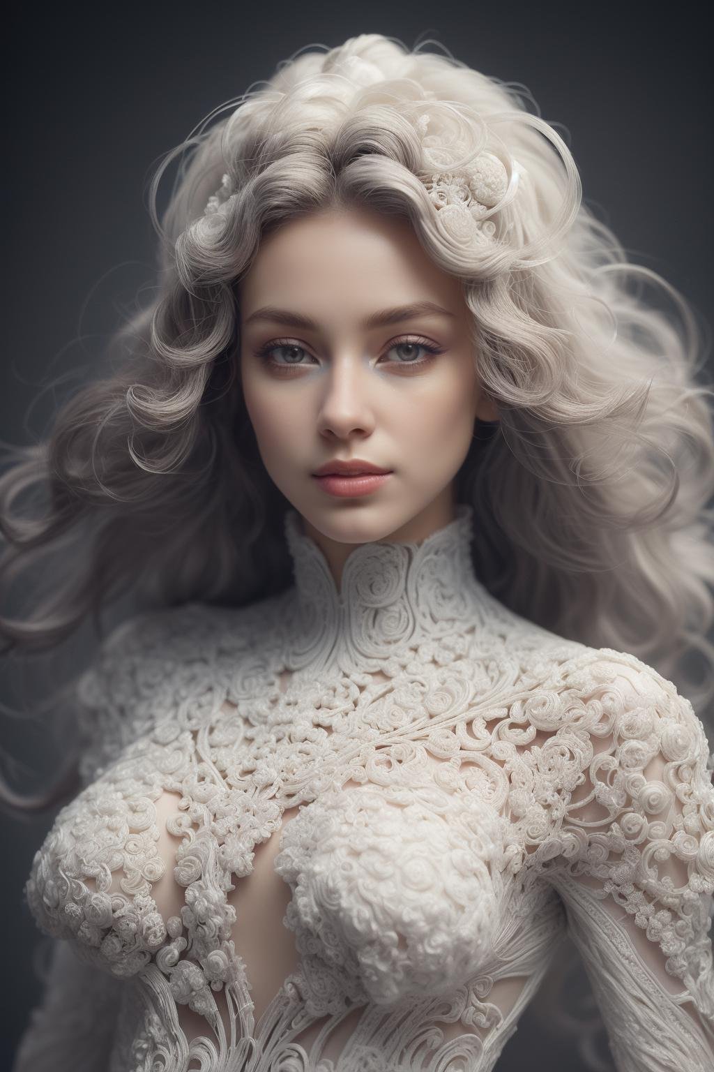 (jaunty but beautiful:1.4),(intricate details, masterpiece, best quality:1.4),1girl,wearing firigree black_dress,abstract structure,polished PE texture,pvc material,3D cutting,3D printing technology,DOF,transprent fiber,solo,black background,gray eyes,long curly white hair,lips,simple background,makeup,<lora:filigreePE-000006:0.6>,<lora:aki:0.4>,