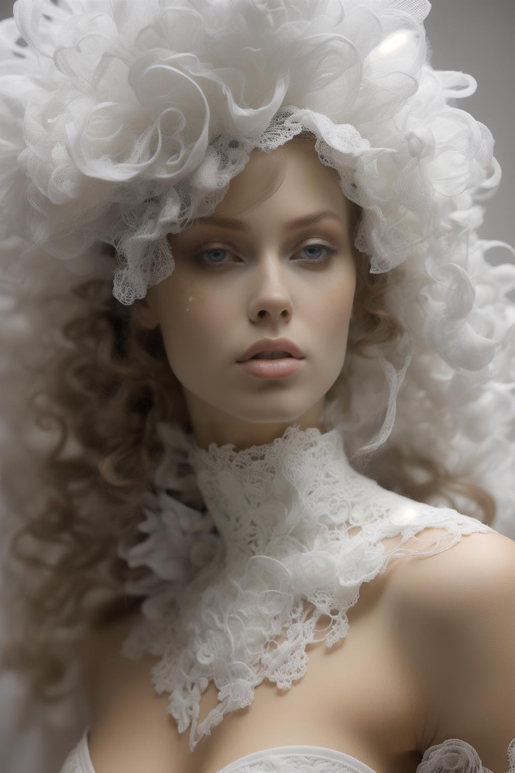 (jaunty but beautiful:1.4),(intricate details, masterpiece, best quality:1.4),1girl,wearing firigree white_dress,firigree half lace mask,bangs,abstract structure,lace headwear,polished PE texture,pvc material,3D cutting,3D printing technology,DOF,transprent fiber,solo,black background,gray eyes,long curly white hair,lips,simple background,makeup,<lora:filigreePE-000006:0.6>,<lora:epi_noiseoffset2:1>,<lora:md_20230907081037:0.5>,