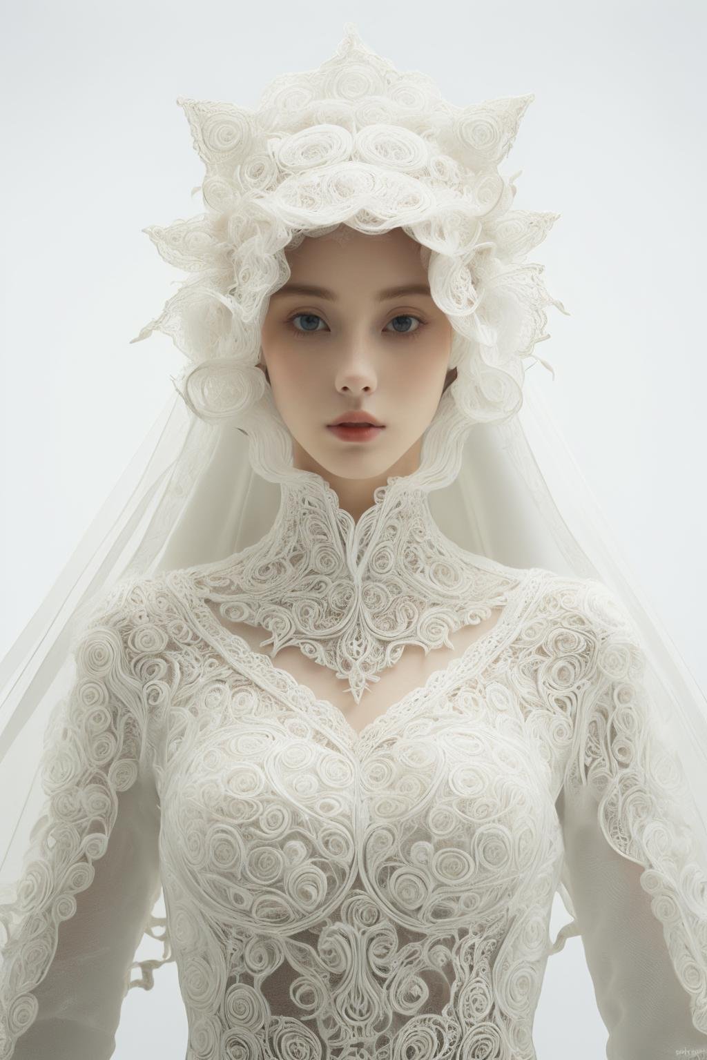 (intricate details, masterpiece, best quality:1.4),1girl,wearing firigree white_dress,firigree half lace mask,bangs,abstract structure,lace veil,polished PE texture,pvc material,3D cutting,3D printing technology,DOF,transparent fiber,solo,long curly white hair,lips,(surrealistic snowflakes in background),<lora:filigreePE-000006:0.8>,<lora:yinianshenmo:0.7>,