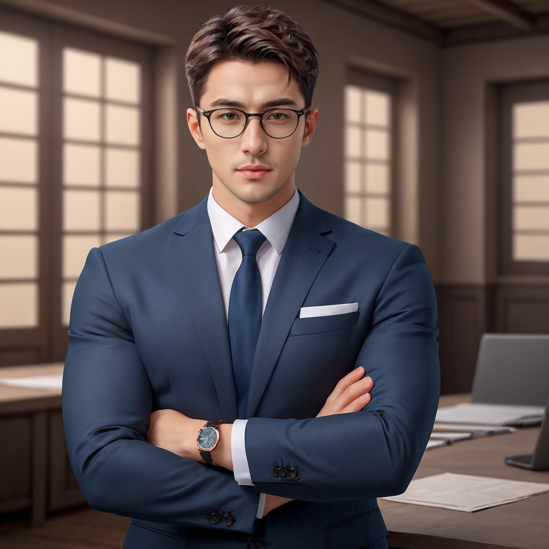 masterpiece,1man,handsome,short hair,glasses,Business suit,Photo texture. high detail,Hybrid,Mixed Eastern European race,high quality,best quality,8k,<lora:AdvancedGrey_V1-000003:0.5>,