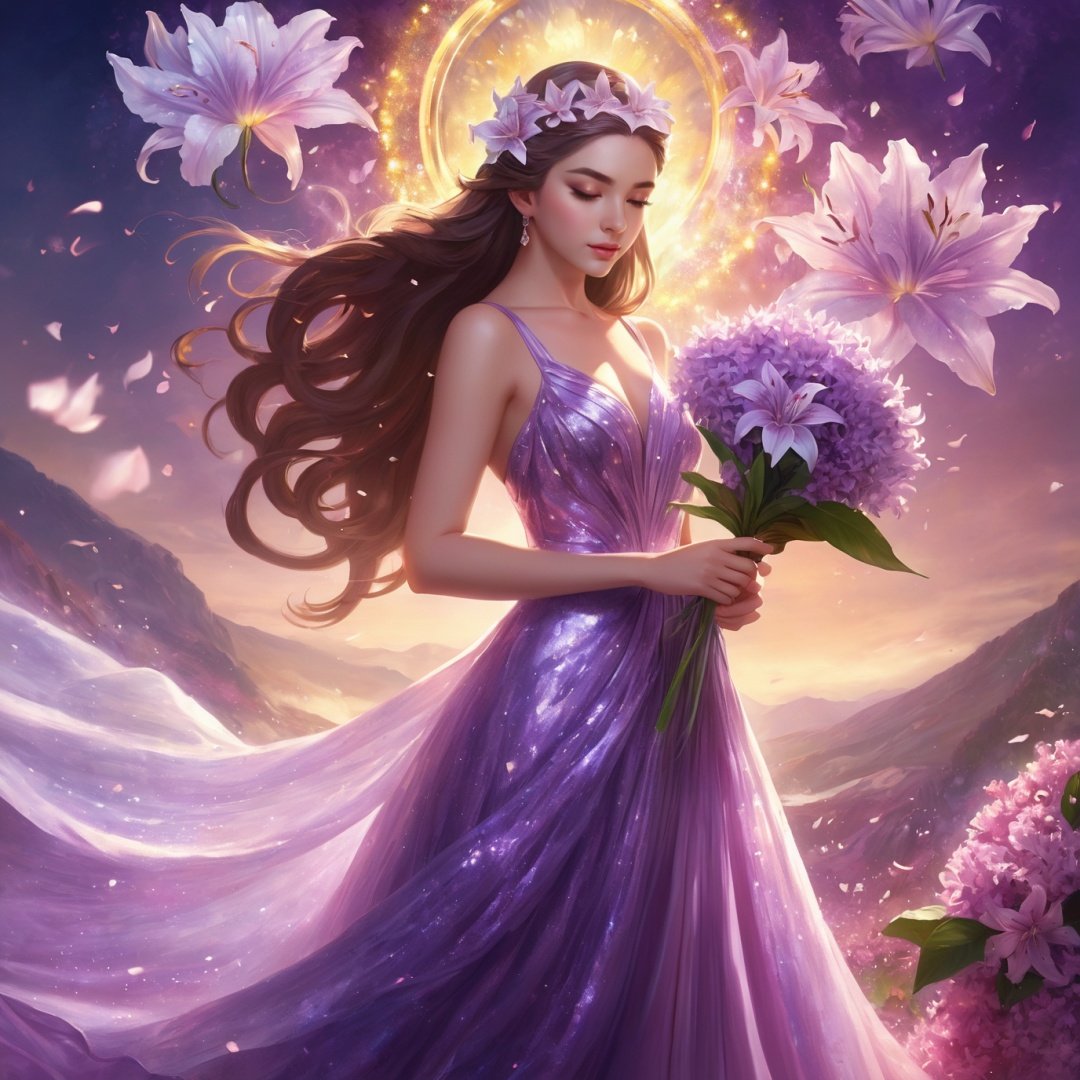 Bestquality,masterpiece,1girl,beautiful_face,eyebrows_visible_through_hair,lily_\(flower\),dress,holding_flower,from_side,sparkling dress,Giant clove flower,Lilac flower,Lilac flower,Giant flowers,flowing skirts,(smoke),Asgard,