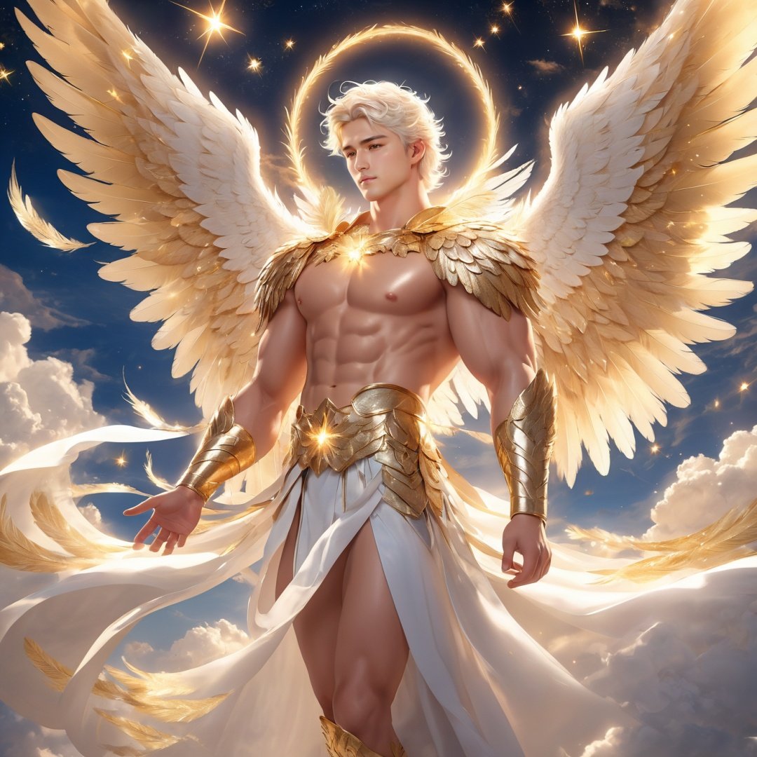 masterpiece,1 boy,Look at me,Muscular development,Handsome,Lovely,Heaven,Robe,in white and gold costume,Angel with six wings,in the sky,clouds,man with wings,angel wings,glowing,platinum hair,outdoors,stars,gold magic swirling,golden feathers,textured skin,super detail,best quality,