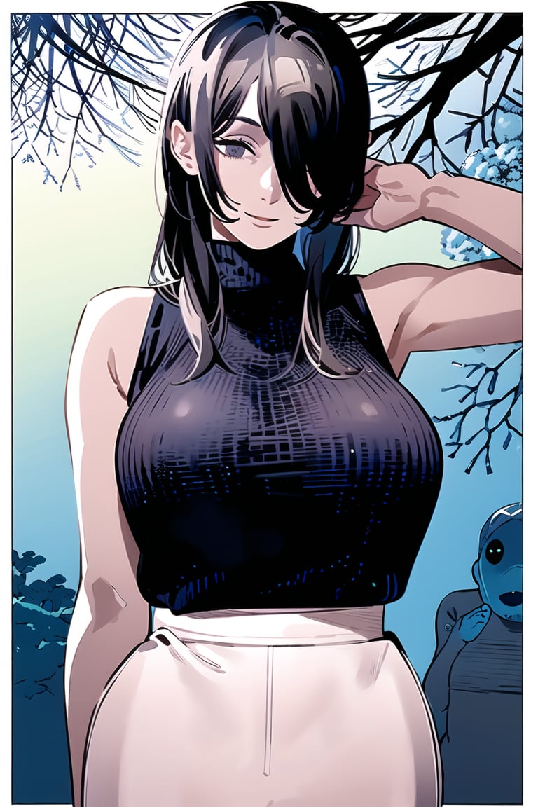 (masterpiece,  best quality:1.2),  fujimoto,  1girl,  long hair,  black hair,  messy hair,  swept bangs,  hair over one eye,  grey eyes,  large breasts,  smile,  sleeveless turtleneck,  black sweater,  ((white skirt)),  huge breasts,  grey background,  trees,  ((border,  white border)),<lora:EMS-88367-EMS:1.000000>