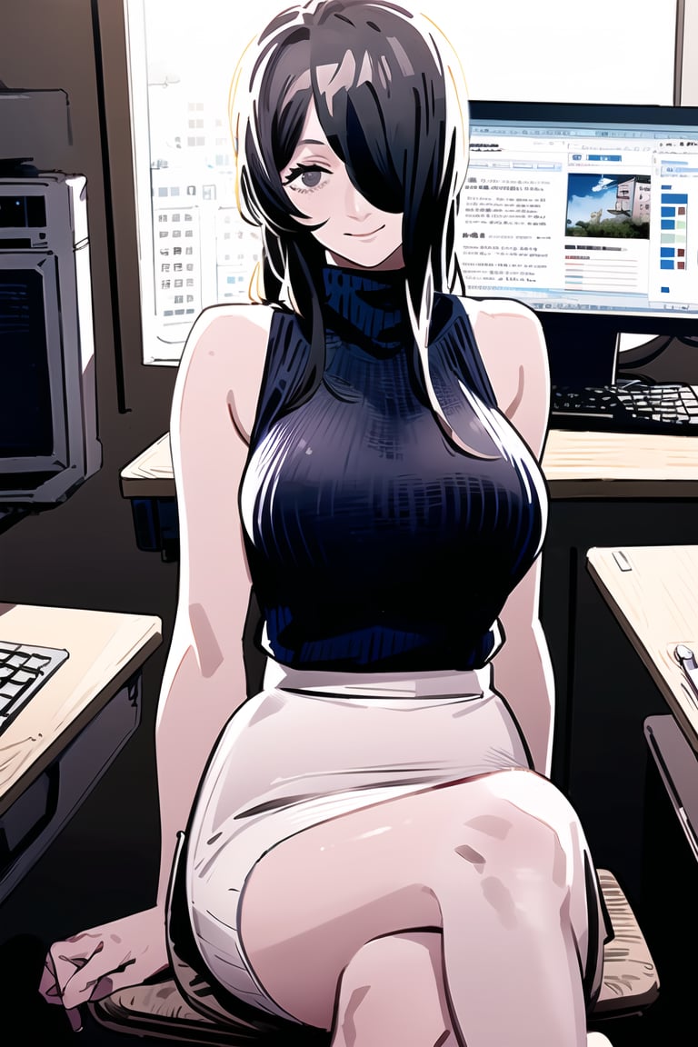 (masterpiece,  best quality:1.2),  fujimoto,  1girl,  long hair,  black hair,  messy hair,  swept bangs,  hair over one eye,  grey eyes,  large breasts,  smile,  sleeveless turtleneck,  black sweater,  ((white skirt)),  huge breasts,  sitting,  dark room,  backlighting,  closed mouth,  monitors,  computers,<lora:EMS-88367-EMS:1.000000>