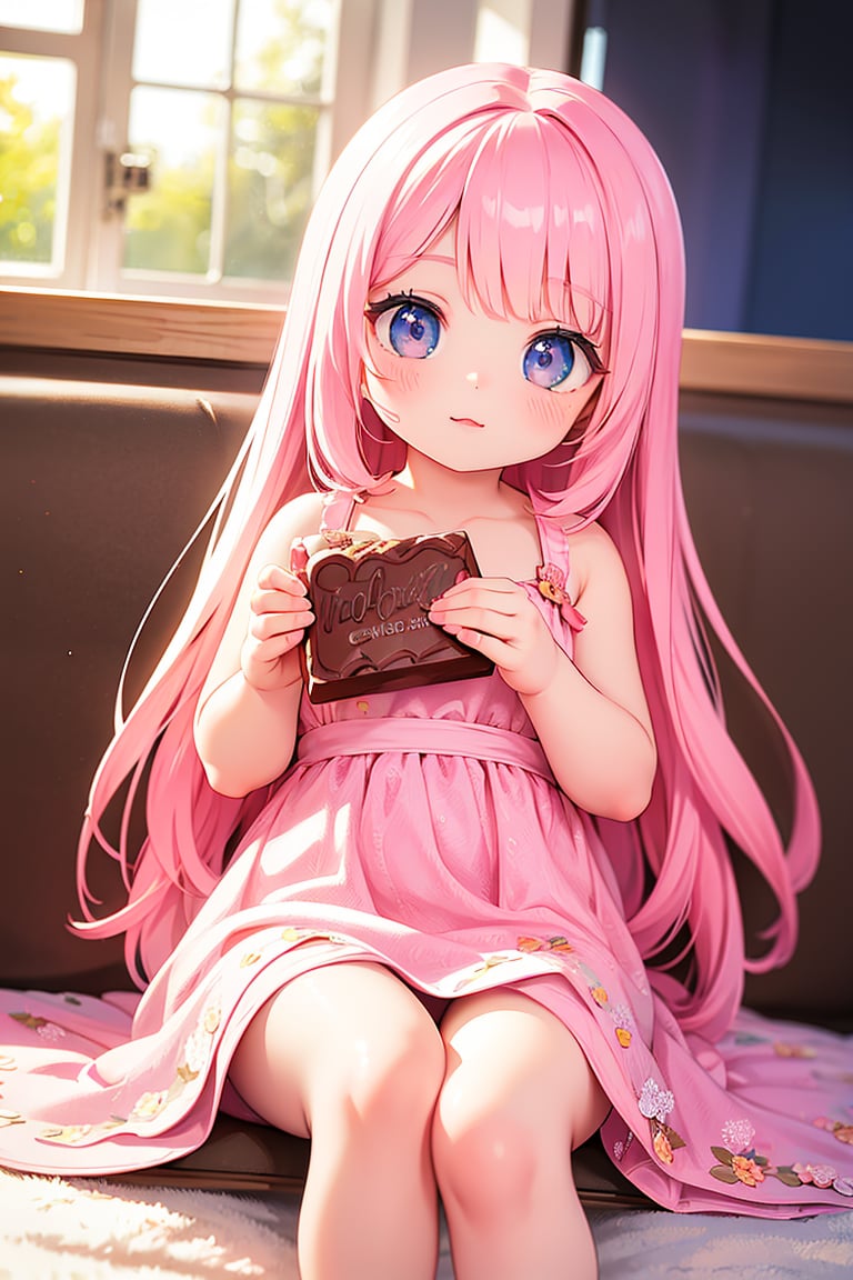 cute, adorable, pink hair, absurdly long hair, shiny skin, oiled skin, bare legs, pink theme, balloons, indoors, 1girl, solo, holding a box of chocolate, shy, blush, sitting, hanging leg, (best quality,4k,8k,highres,masterpiece:1.2), ultra-detailed, (realistic,photorealistic,photo-realistic:1.37), HDR, UHD, studio lighting, ultra-fine painting, sharp focus, physically-based rendering, extreme detail description, professional, vivid colors, bokeh, portraits, cute landscape, pink hue, soft lighting