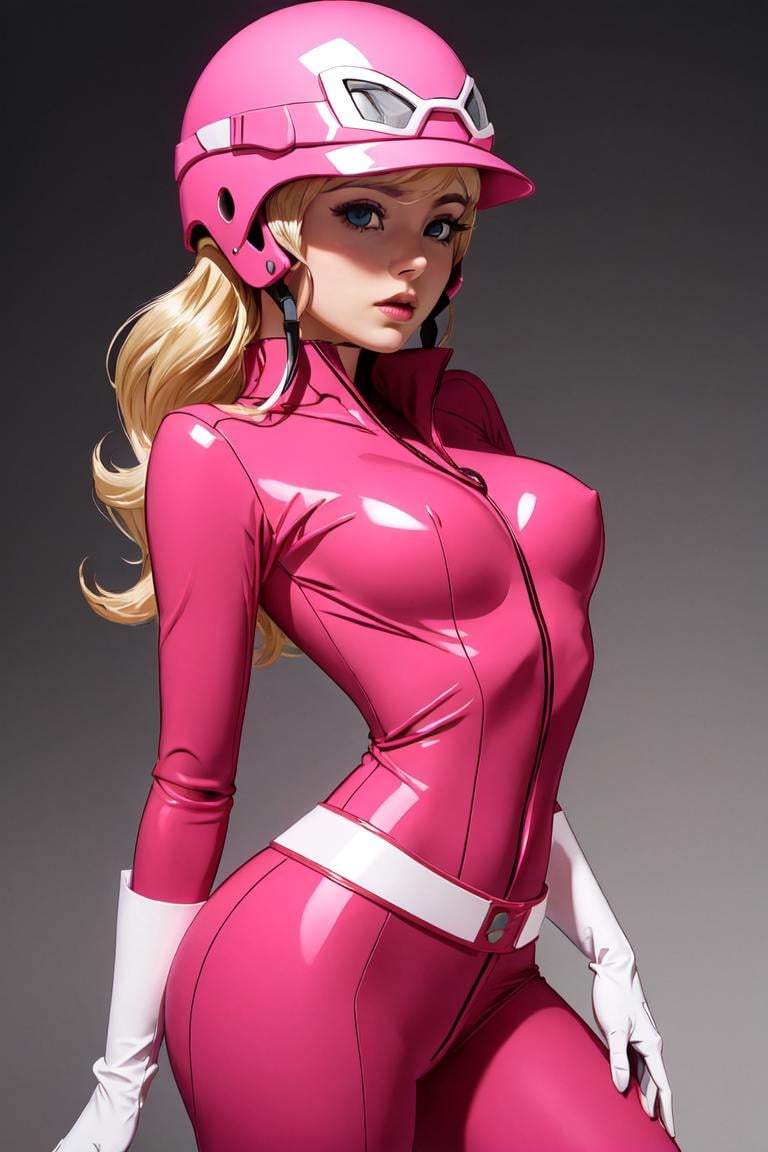 1woman, <lora:Penelope_Pitstop:.8> penelope_pitstop, blond hair, pink helmet, cowboy shot