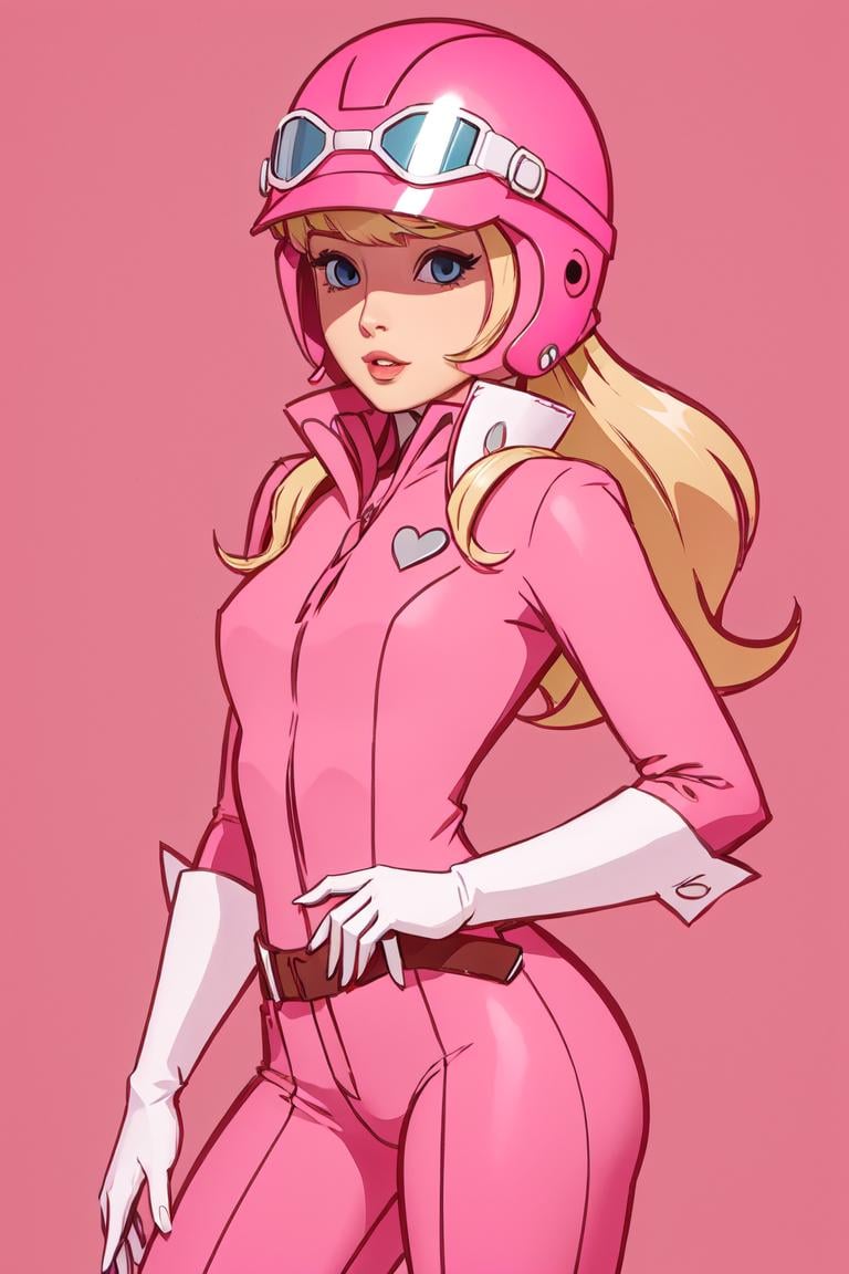 1woman, <lora:Penelope_Pitstop:.8> penelope_pitstop, blond hair, pink helmet, cowboy shot