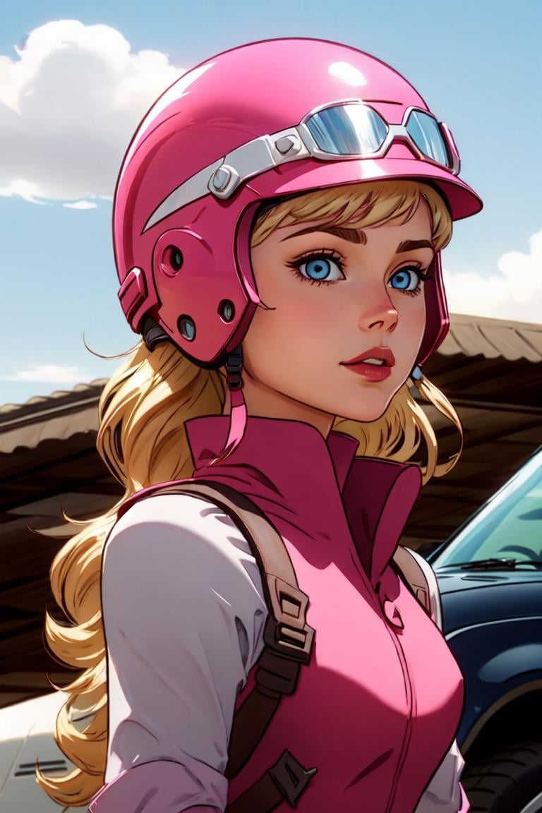 1girl, <lora:Penelope_Pitstop:.8> penelope_pitstop, blond hair, pink helmet