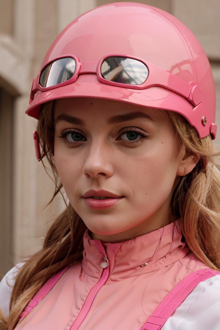 1woman, <lora:Penelope_Pitstop:.8> penelope_pitstop, blond hair, pink helmet,close-up