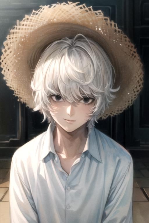 masterpiece, best quality, , 1boy, solo, male focus, looking at viewer, upper body, depth of field, (watercolor illustration, soft pastel colors:1.1), , <lora:nate_river:0.82>, nate_river, white hair, black eyes, , , , straw hat, war, 2k resolution