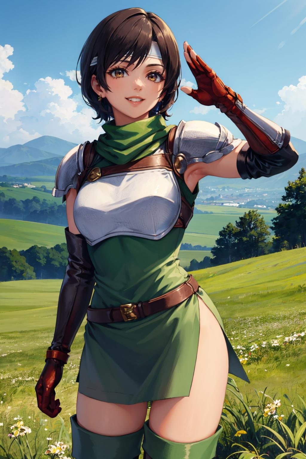 masterpiece, best quality,  <lora:pkuniform-nvwls-v1-000010:1> pkuniform, green dress, thigh boots  <lora:yuffie-nvwls-v1-final:0.7> yuffie kisaragi, headband, grin, smile, contrapposto, salute, white gloves, field, cliffs, sky