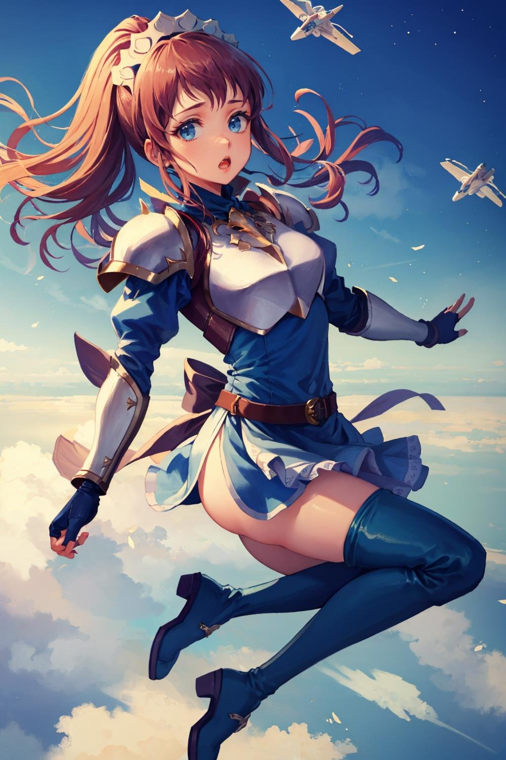 masterpiece, best quality,  <lora:pkuniform-nvwls-v1-000010:1> pkuniform, armor, blue dress, thigh boots,  <lora:felicia-fe-richy-v1:0.8> feliciadef, maid headdress, looking at viewer, :o, shocked, falling, (midair:1.5), (flying:1.5)