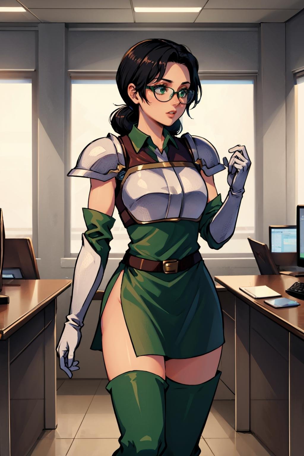 masterpiece, best quality,  <lora:pkuniform-nvwls-v1-000010:1> pkuniform, armor, green dress, thigh boots, white gloves  <lora:misspauling-nvwls-v1-final:0.8> miss pauling, green eyes, glasses, confused, office, standing