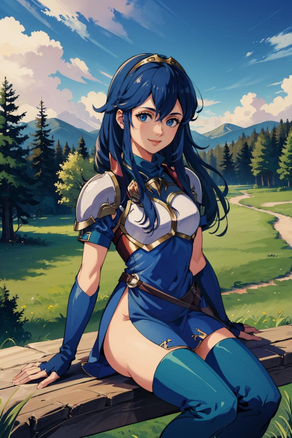 masterpiece, best quality,  <lora:pkuniform-nvwls-v1-000010:1> pkuniform, blue dress, thigh boots<lora:lucina-nvwls-v2:0.7> defLucy, tiara, looking at viewer, forest, sky, clouds, field, sitting, from above, smile