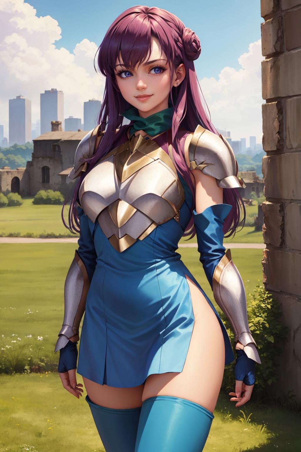 masterpiece, best quality,   <lora:pkuniform-nvwls-v1-000010:1> pkuniform, armor, green dress, thigh boots  <lora:dorothy-nikke-richy-v1:0.7> dorothy \(nikke\), smirk, field, city ruins, blue sky, cowboy shot, purple eyes