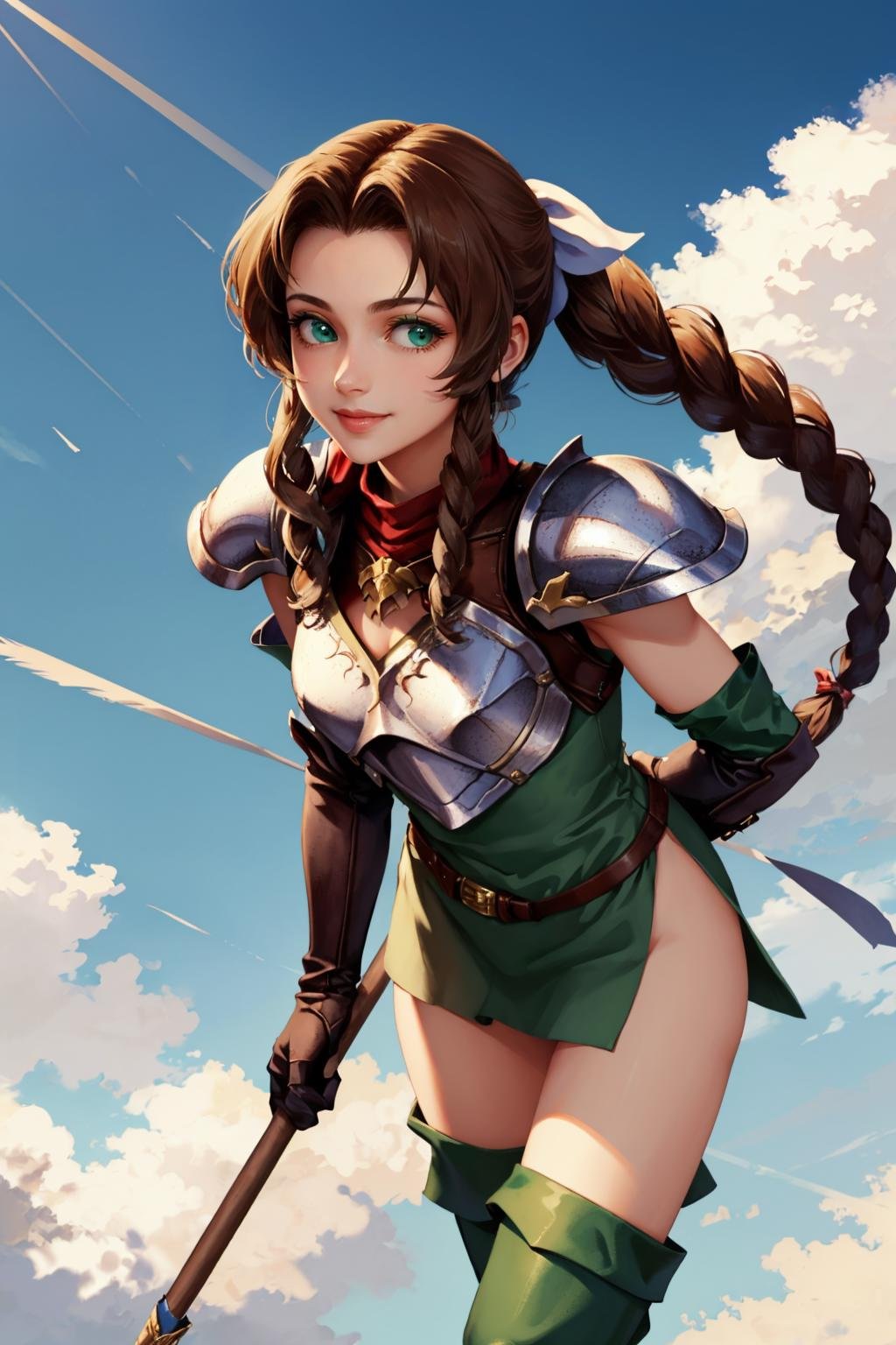 masterpiece, best quality,  <lora:aerith-nvwls-v1-final:0.7> aerith gainsborough, hair bow, green eyes <lora:pkuniform-nvwls-v1-000010:1> pkuniform, armor, green dress, looking at viewer, smile, leaning forward, cowboy shot, sky, clouds, thigh boots, white gloves, holding spear, spear