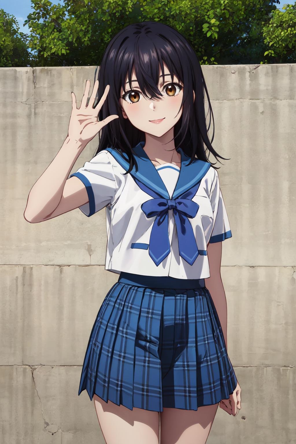 masterpiece,best quality,highres,ultra-detailed,aayukina,long hair,hair between eyes,school uniform,sailor collar,white shirt,short sleeves,blue skirt,plaid,black socks,loafers,<lora:himaragi_yukina:0.8>,outdoors,smile,cowboy shot,waving,