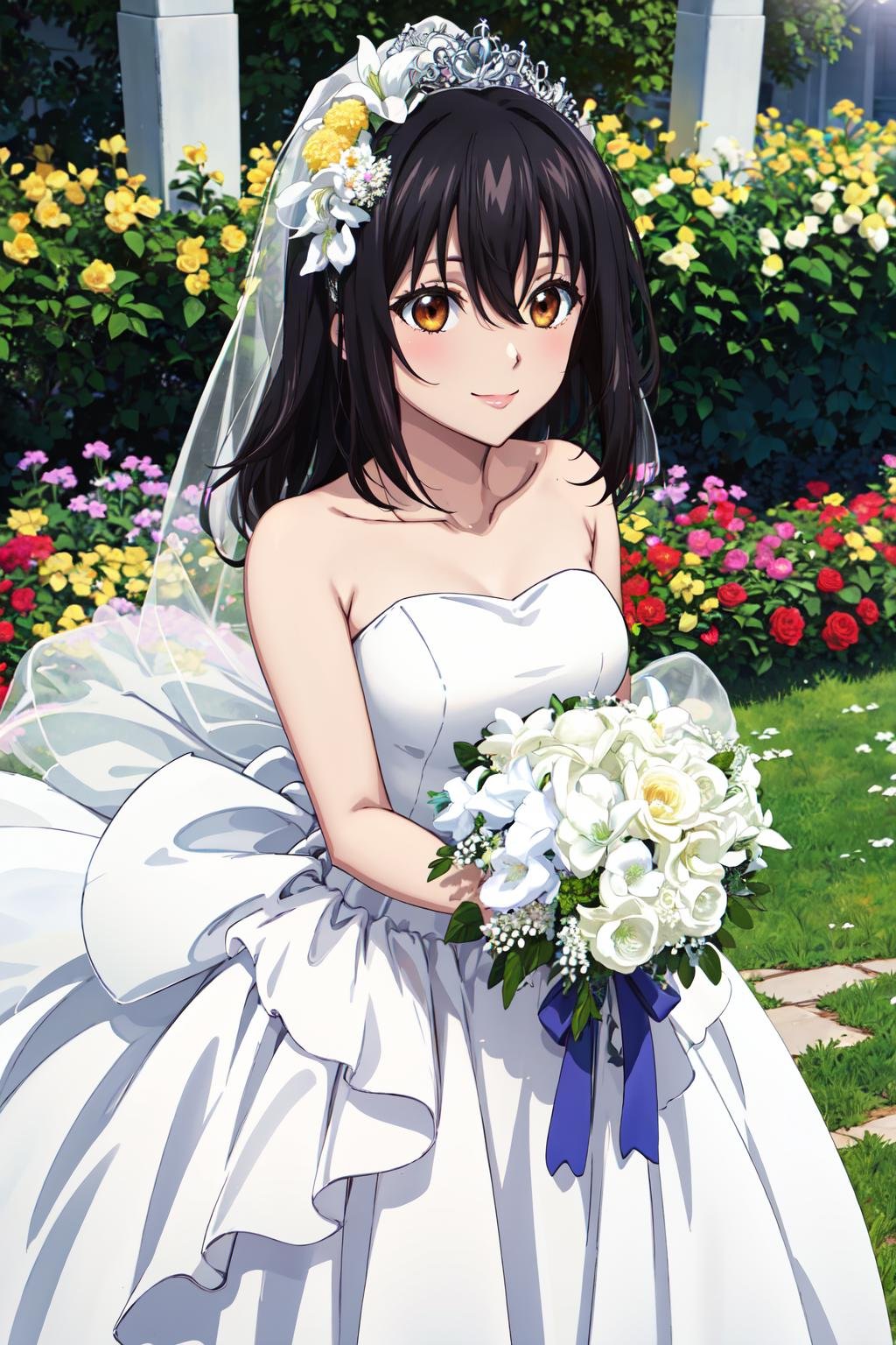 masterpiece,best quality,highres,ultra-detailed,aayukina,long hair,hair between eyes,<lora:himaragi_yukina:0.8>,wedding dress, white dress, garden, smile, outdoors, standing, cowboy shot, holding bouquet,