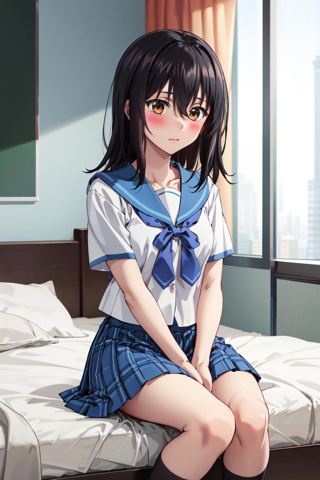 masterpiece,best quality,highres,ultra-detailed,aayukina,long hair,hair between eyes,school uniform,sailor collar,white shirt,short sleeves,blue skirt,plaid,black socks,loafers,<lora:himaragi_yukina:0.8>,indoors,bed,sitting,(embarrass:1.2),blush,hands_on_lap,