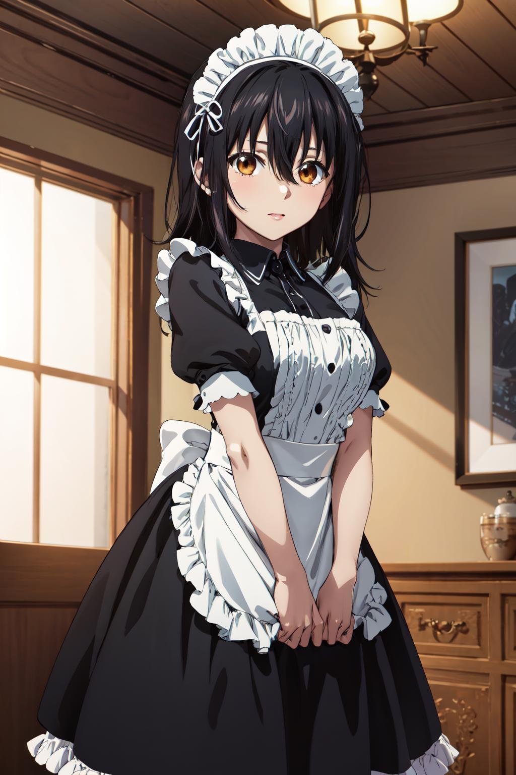 masterpiece,best quality,highres,ultra-detailed,aayukina,long hair,hair between eyes,<lora:himaragi_yukina:0.8>,indoors,maid,dress,standing,v arms,