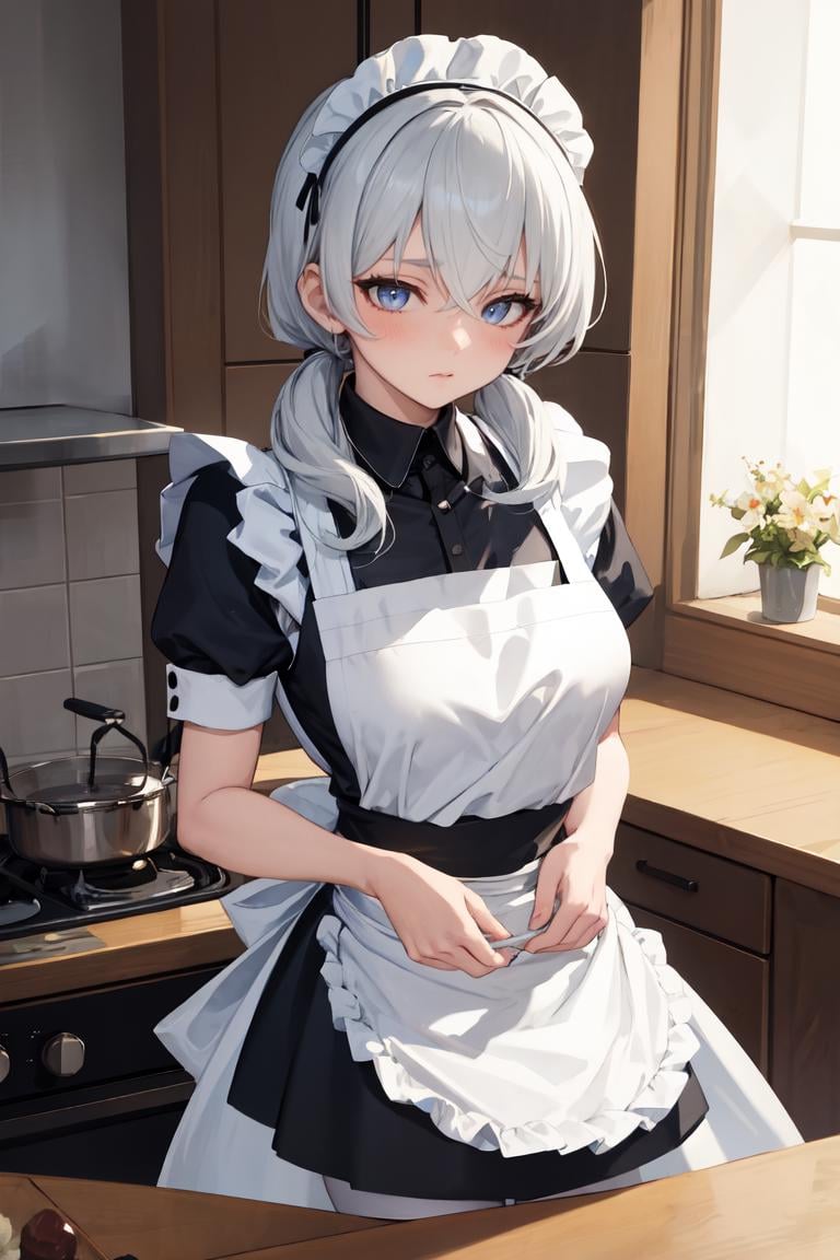 masterpiece, best quality, absurdres, perfect anatomy, 1girl, solo, ValkyriePoliceStudent, low twintails, maid, maid headdress, maid apron, kitchen, <lora:ValkyriePoliceStudent:0.8>