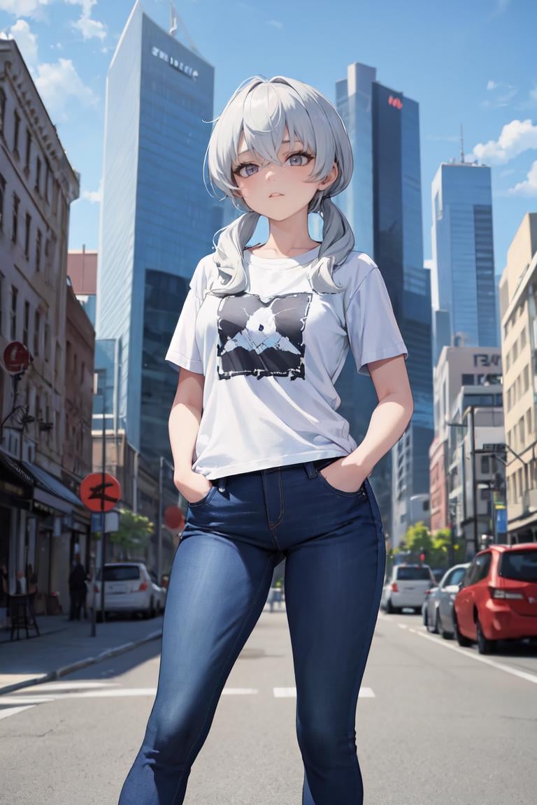 masterpiece, best quality, absurdres, perfect anatomy, 1girl, solo, ValkyriePoliceStudent, low twintails, t-shirt, jeans, standing, outdoors, city, hands in pockets, <lora:ValkyriePoliceStudent:0.8>