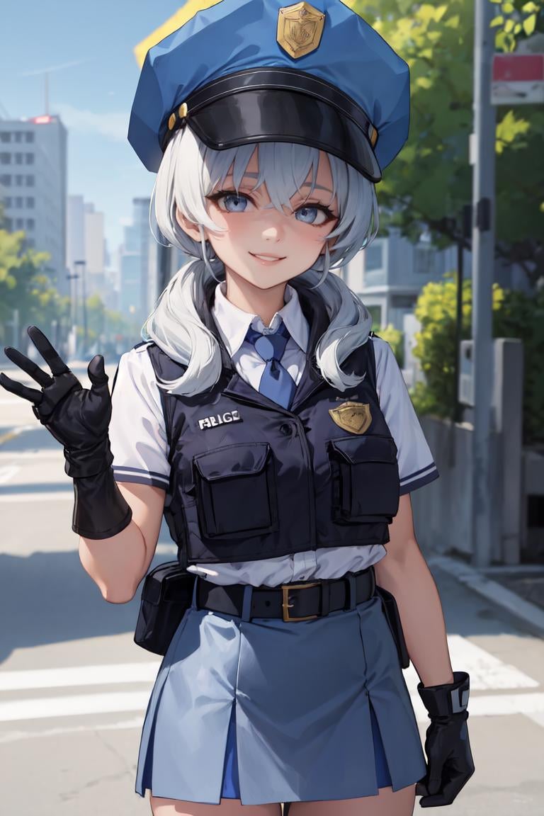 masterpiece, best quality, absurdres, perfect anatomy, 1girl, solo, ValkyriePoliceStudent, low twintails, police hat, police uniform, collared shirt, belt, blue skirt, blue necktie, gloves, smile, waving at viewer, outdoors, <lora:ValkyriePoliceStudent:1>