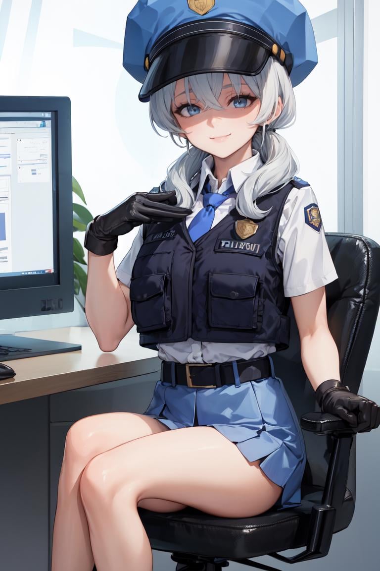 masterpiece, best quality, absurdres, perfect anatomy, 1girl, solo, ValkyriePoliceStudent, low twintails, police hat, police uniform, collared shirt, belt, blue skirt, blue necktie, gloves, smile, indoors, office, computer, sitting, office chair, <lora:ValkyriePoliceStudent:1>