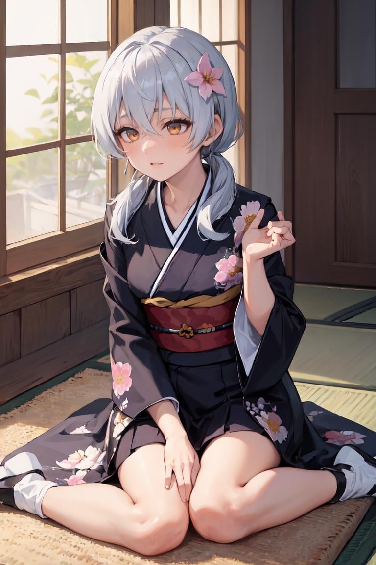 masterpiece, best quality, absurdres, perfect anatomy, 1girl, solo, ValkyriePoliceStudent, low twintails, indoors, kimono, hair flower, floral print, wariza, sitting, hands on own knees, <lora:ValkyriePoliceStudent:1>