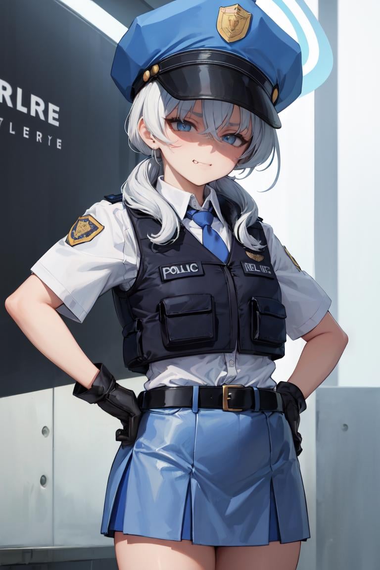 masterpiece, best quality, absurdres, perfect anatomy, 1girl, solo, ValkyriePoliceStudent, low twintails, police hat, police uniform, collared shirt, belt, blue skirt, blue necktie, gloves, hands on hips, confident stance, smug,  <lora:ValkyriePoliceStudent:1>