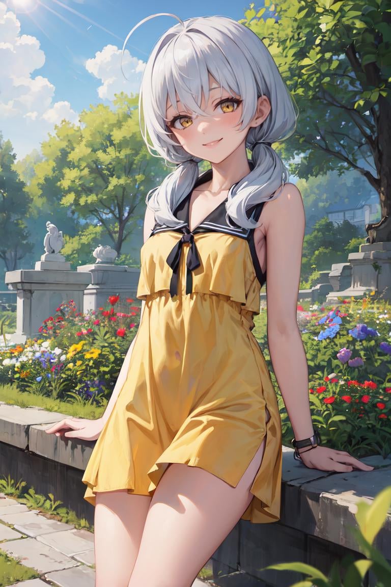 masterpiece, best quality, absurdres, perfect anatomy, 1girl, solo, ValkyriePoliceStudent, low twintails, yellow sundress, garden, day, sunshine, smile, <lora:ValkyriePoliceStudent:0.8>