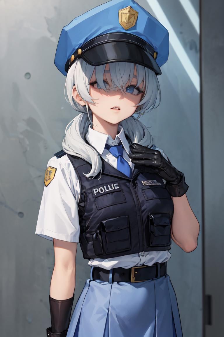 masterpiece, best quality, absurdres, perfect anatomy, 1girl, solo, ValkyriePoliceStudent, low twintails, police hat, police uniform, collared shirt, belt, blue skirt, blue necktie, gloves, shaded face, hair over eyes, <lora:ValkyriePoliceStudent:1.0>