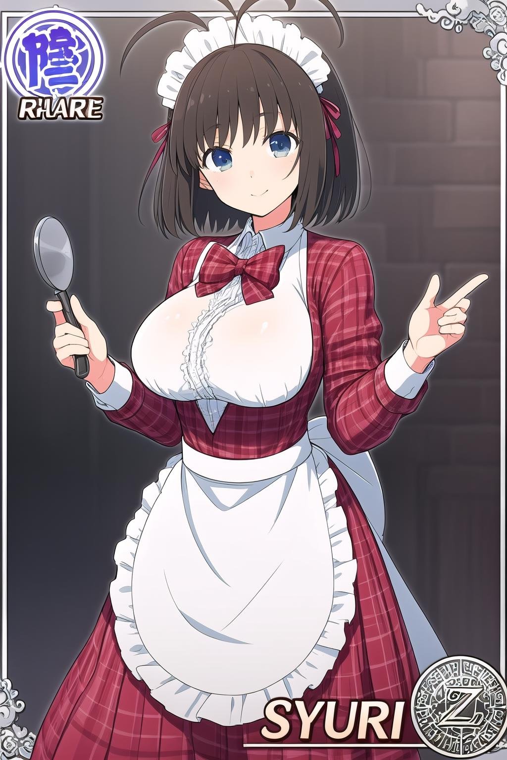 (masterpiece, best quality), highly detailed background, perfect lightingbest quality, syuriSK, solo, maid, maid headdress, waitress, black hair, brown hair, ahoge, antenna hair, short hair, glasses, blue eyes, large breasts, red dress, red bowtie, plaid ribbon, apron, smile, closed mouth, <lora:Syuri_Senran-Kagura:0.7>