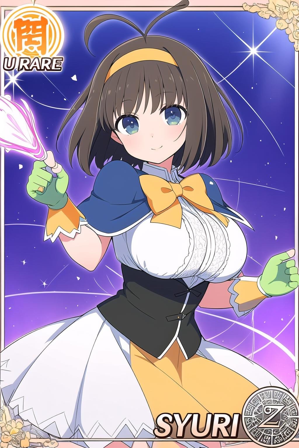 (masterpiece, best quality), highly detailed background, perfect lightingbest quality, syuriSK, solo, magical girl, hat bow, black hair, brown hair, ahoge, antenna hair, hairband, short hair, glasses, blue eyes, large breasts, yellow capelet, orange bowtie, dress, fingerless gloves, green gloves, green skirt, smile, closed mouth, <lora:Syuri_Senran-Kagura:0.7>