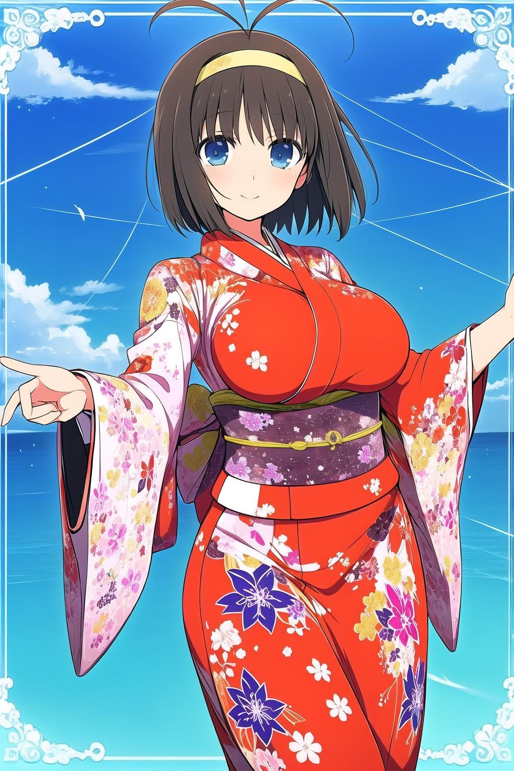 (masterpiece, best quality), highly detailed background, perfect lightingbest quality, syuriSK, solo, black hair, brown hair, ahoge, antenna hair, hairband, short hair, glasses, blue eyes, large breasts, red kimono, japanese clothes, smile, closed mouth, <lora:Syuri_Senran-Kagura:0.7>