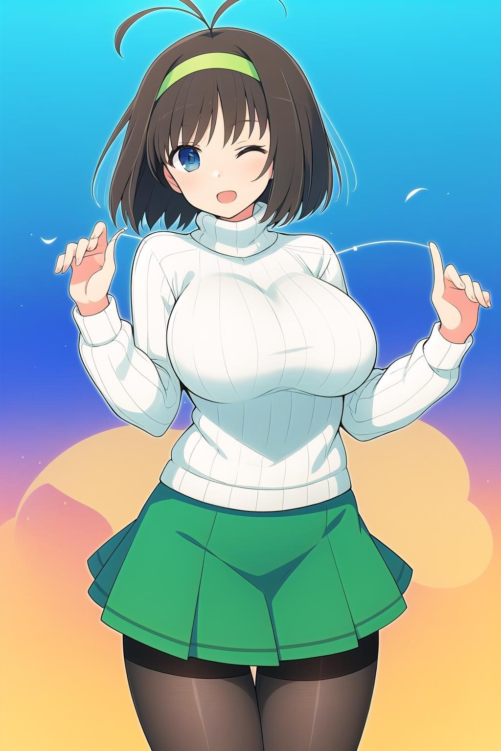 (masterpiece, best quality), highly detailed background, perfect lightingbest quality, syuriSK, solo, black hair, brown hair, ahoge, antenna hair, hairband, short hair, glasses, one eye closed, blue eyes, large breasts, white jacket, fur trim, turtleneck, green sweater, ribbed sweater, green skirt, miniskirt, pantyhose, smile, open mouth, <lora:Syuri_Senran-Kagura:0.7>