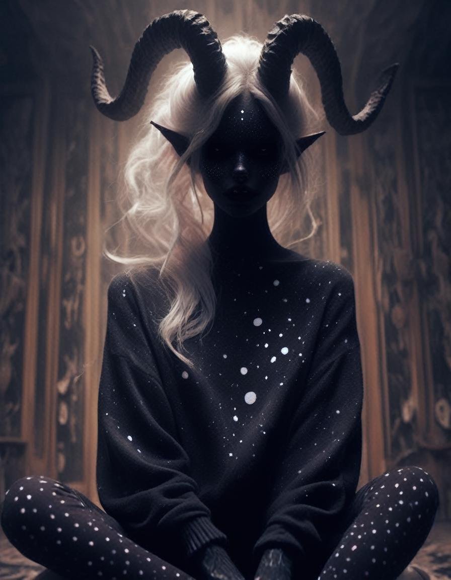 in an empty classroom ,  a dark demon girl with black horns, (pitch black eyes, cosmic black:1), , bright bleach white tips  hair , well lit , very skinny, wearing a (over sized sweater, and polka dot leggings:1.3)  cosmic pattern on skin , <lora:BD1.1-000009:1>, <lora:add-detail-xl:.4>intricate detail