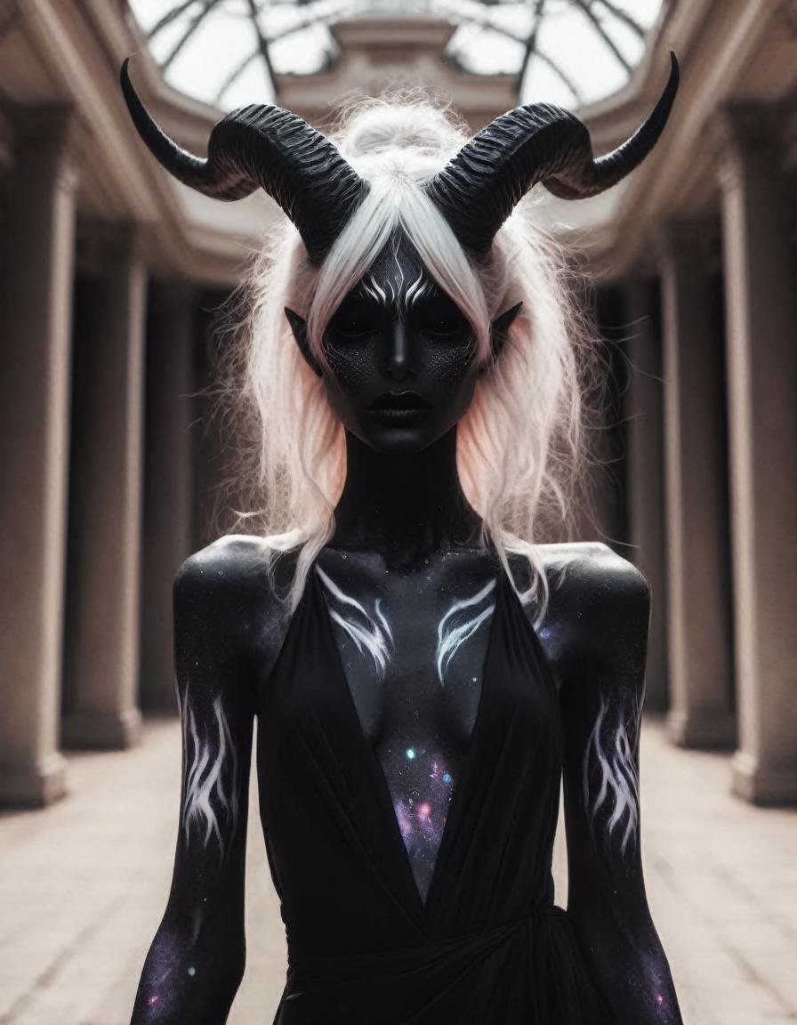 shopping for clothes in a boutique ,   a dark demon girl with black horns, (pitch black eyes, cosmic black:1), , bright bleach white tips  hair , well lit , very skinny, (wrap gown:1.1),  cosmic pattern on skin , <lora:BD1.1-000009:1>